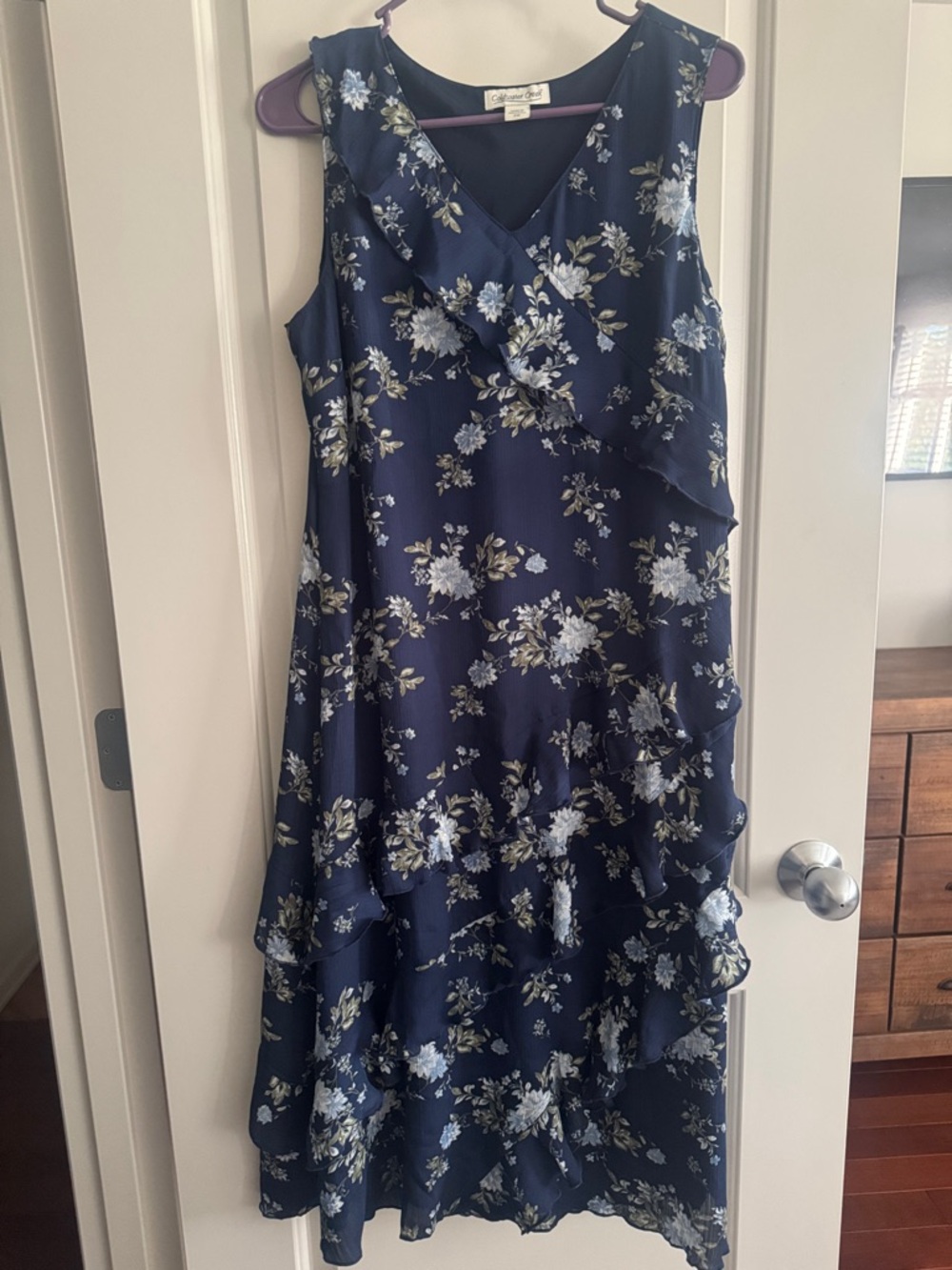 Coldwater Creek Navy Floral Ruffle Midi Dress NWOT